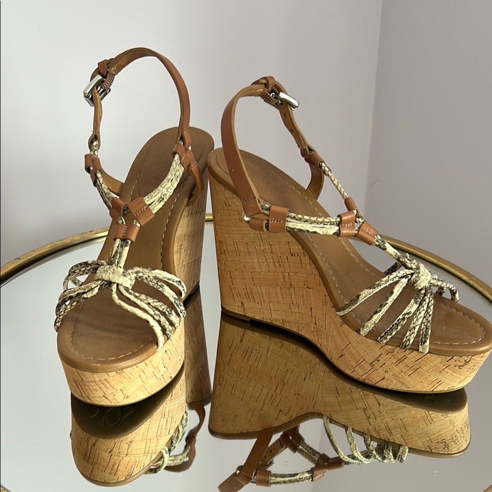 Coach platform wedge sandals, cream snakeskin, w/tan leather accents. Size 7.5.